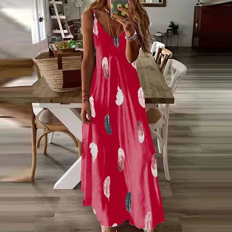 Feather Print Maxi Dress V Neck All Season Comfort Stretch