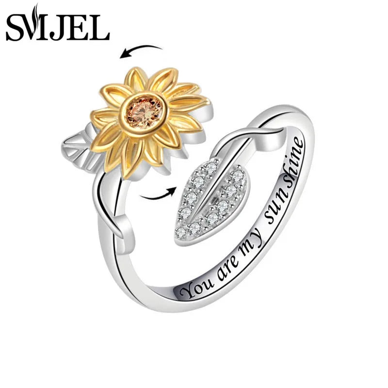 Sunflower Anxiety Ring Fidget Spinner with Butterfly and Hummingbird Charms for Stress Relief Gifts for Women