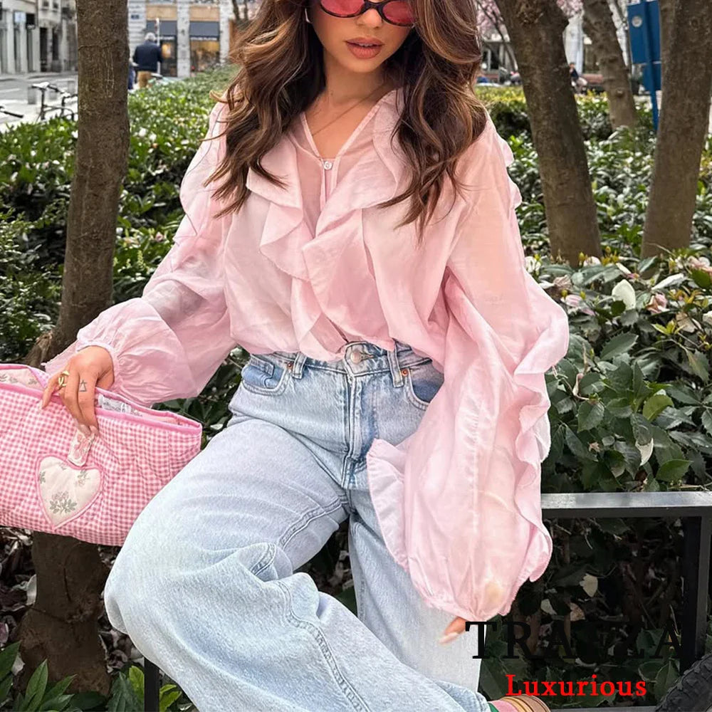 Burgundy Mesh Ruffle Blouse for Women Long Sleeve Sheer Loose Fit Elegant Party Top