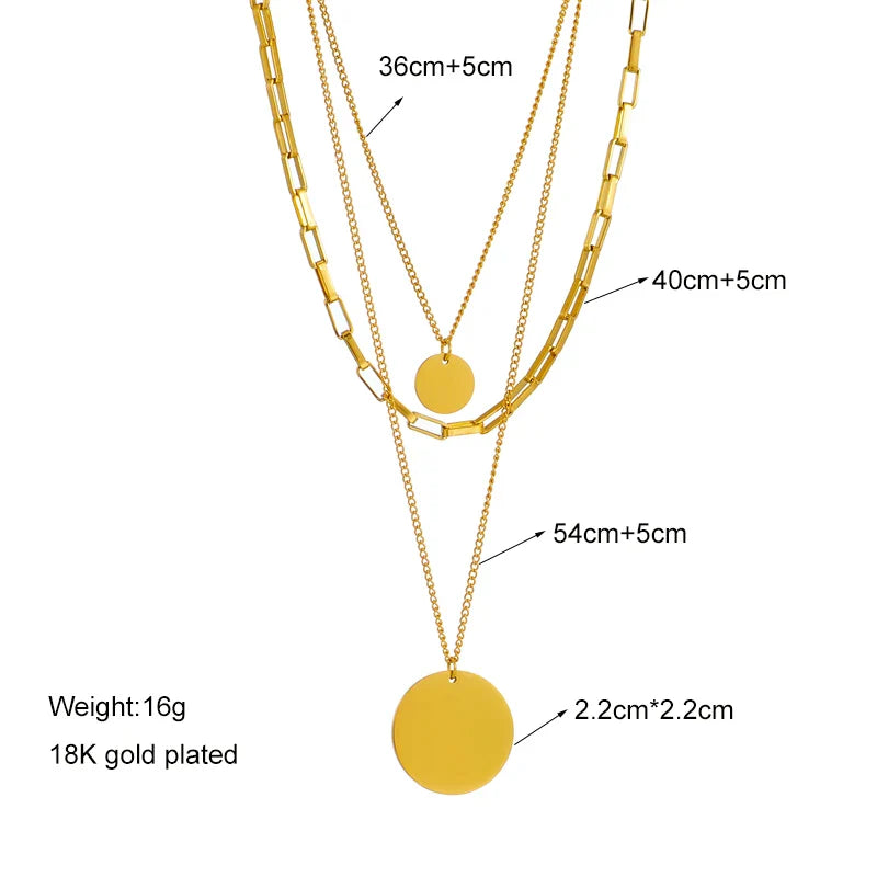 Gold Color 316L Stainless Steel 3in1 Round Pendant Necklace for Women with Multilayer Chain Design