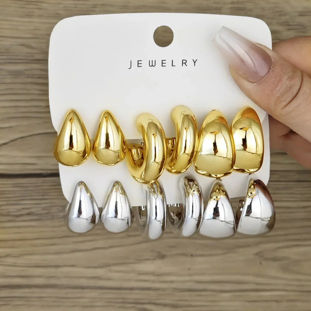 6pcs Chunky Gold Plated Waterdrop Hoop Earrings Set for Women Elegant Minimalist Drop Jewelry