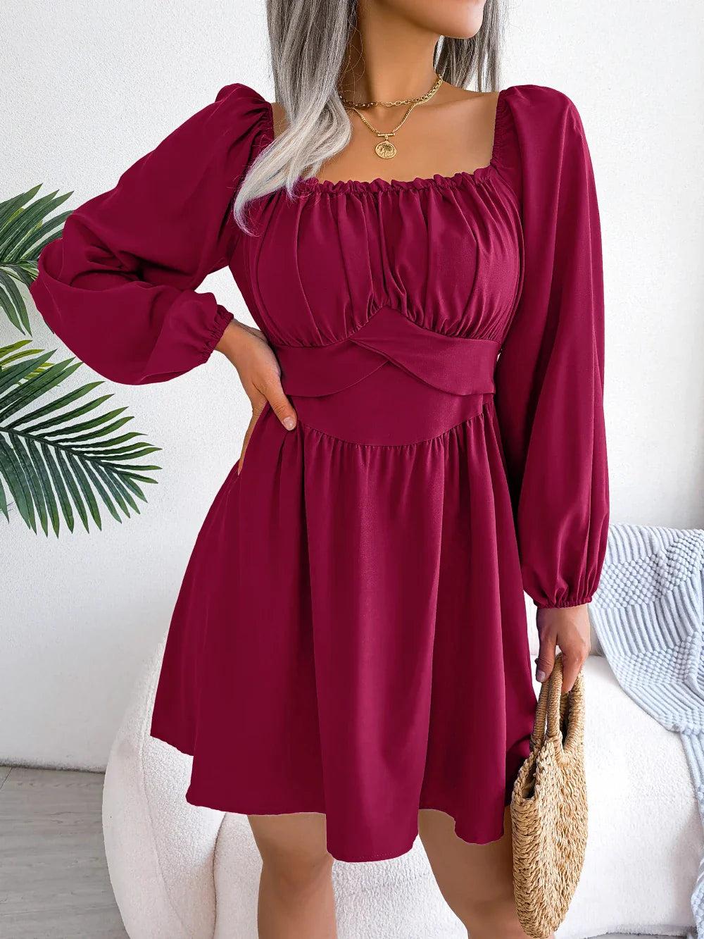 Square Neck Long Sleeve Pleated Mini Dress High Waist