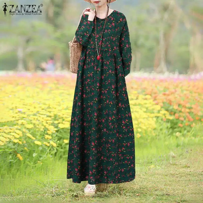 Boho Floral Print Maxi Dress With Long Sleeves Casual