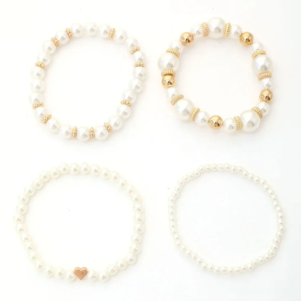 4pcs Set Elegant Handmade White Faux Pearl Beaded Heart Bracelets for Fashion Accessories and Gifts