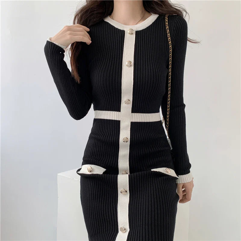 Black Knitted Midi Sweater Dress For Women Long Sleeve