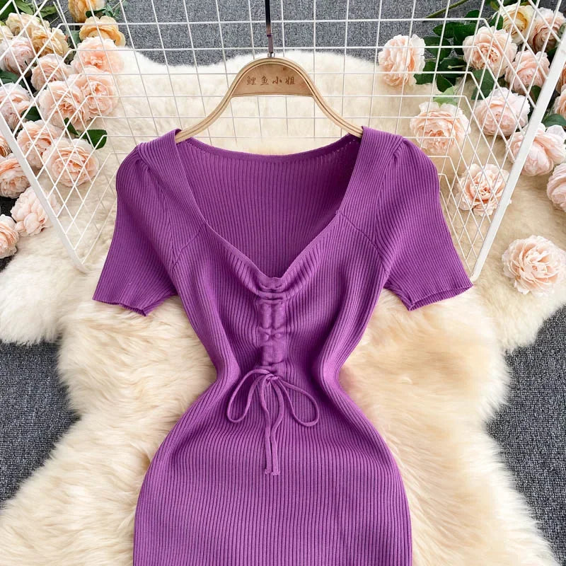 Korean Knit Bodycon Dress V Neck Drawstring Short Sleeves