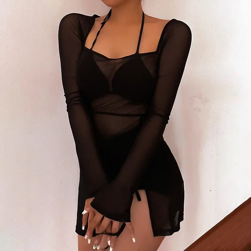 Slim Fit Sheer Dress For Women Lace Up Long Sleeve Fashion