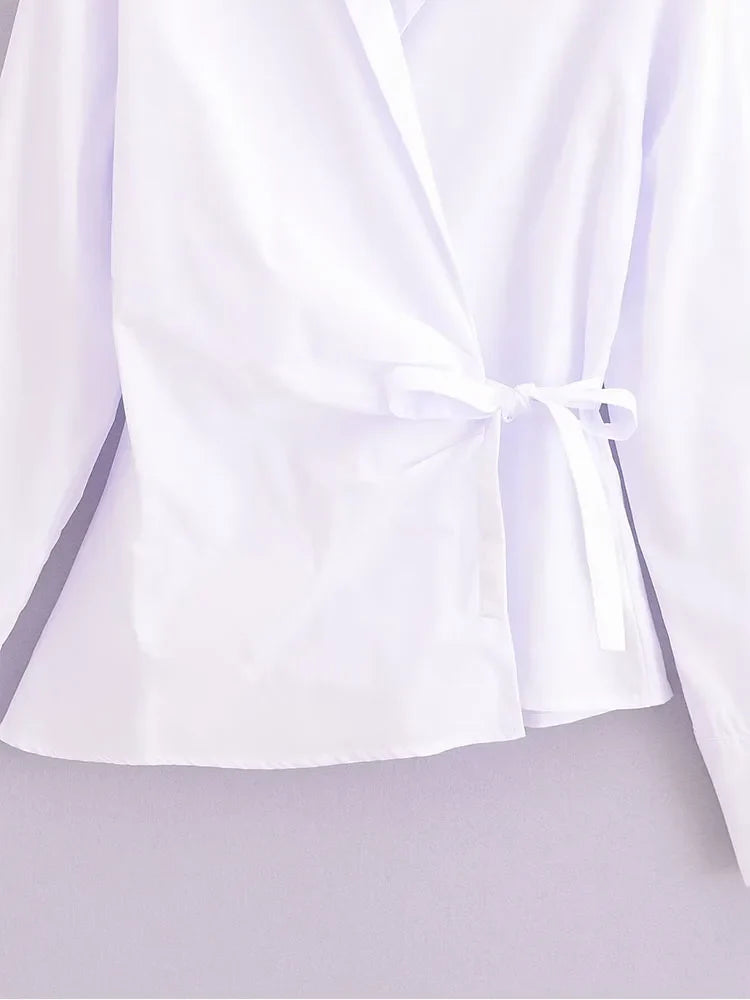 Women's Summer Lapel Poplin Shirt Long Sleeve Slim Fit Bow Tie Wrap Solid Color Blouse