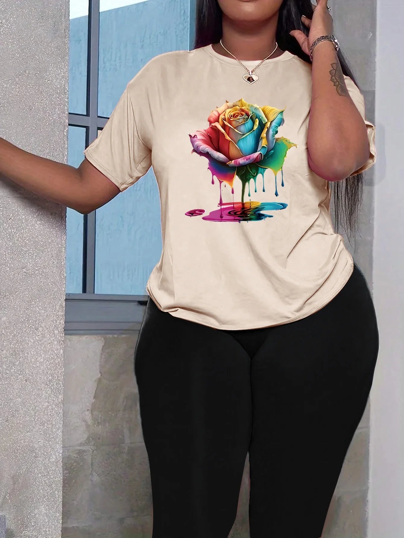 Colorful Floral Print Women Two Piece Set with Short Sleeve T-Shirt and Comfortable Elastic Capri Leggings