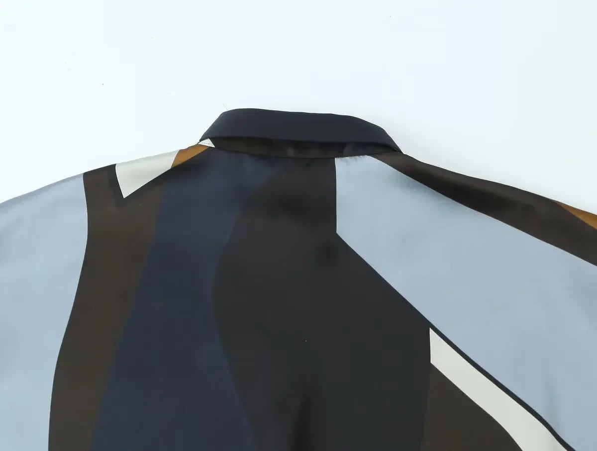 Women's Satin Texture Geometric Print Shirt Lapel Collar Long Sleeve Single-Breasted Casual Chic Top for Spring and Summer