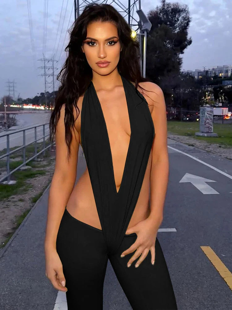Backless Irregular Hollow Bandage Jumpsuit for Women Deep V-Neck Halter Skinny Stretch Sexy Hipster Streetwear