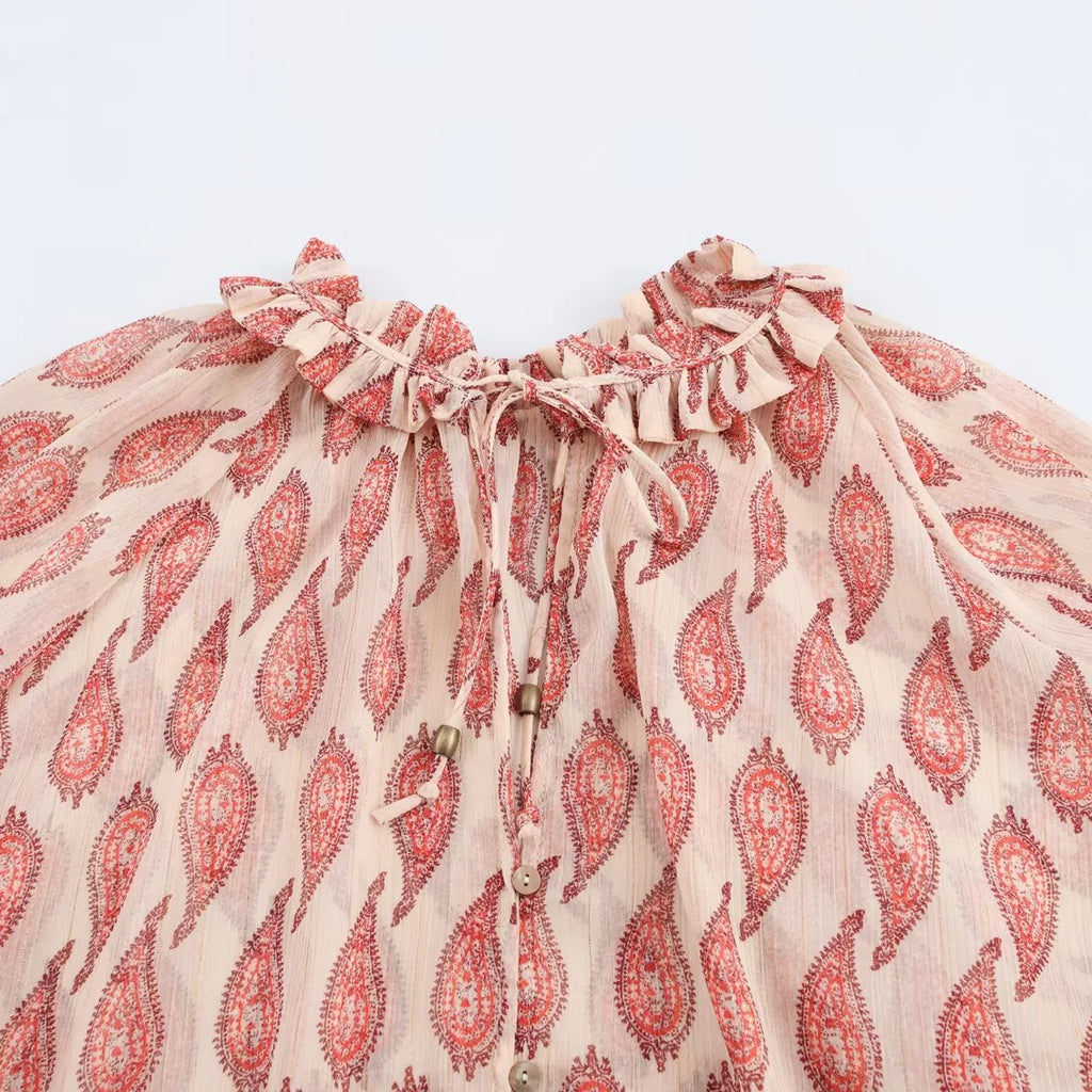 Womens Printed Shirt with Metallic Thread Ruffle Collar Drawstring Long Sleeve Single Breasted Chic Top