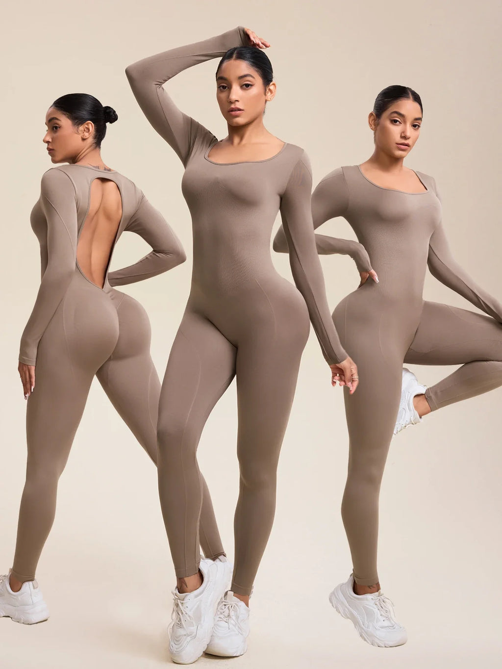 Women Long Sleeve Sexy Backless Bodycon Jumpsuit Romper with Scrunch Butt V Back Workout Playsuit Bodysuit