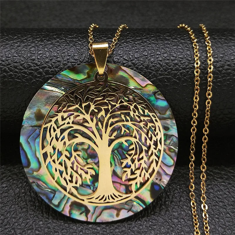 Tree of Life Abalone Shell Necklace Gold Color Stainless Steel Boho Jewelry for Weddings and Special Occasions