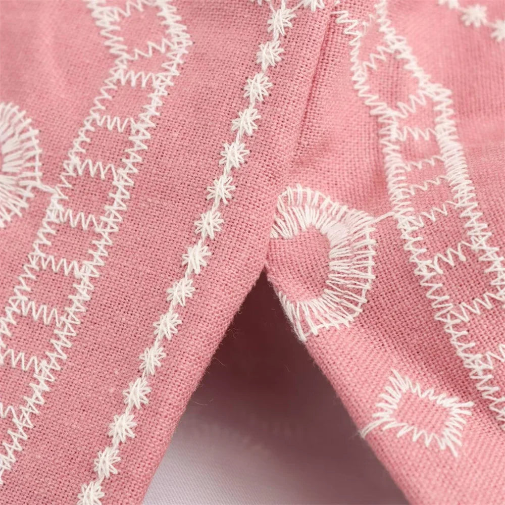 V-Neck Embroidered Kimono Style Mid-Length Windbreaker and High Waisted Straight Leg Pants Set for Women