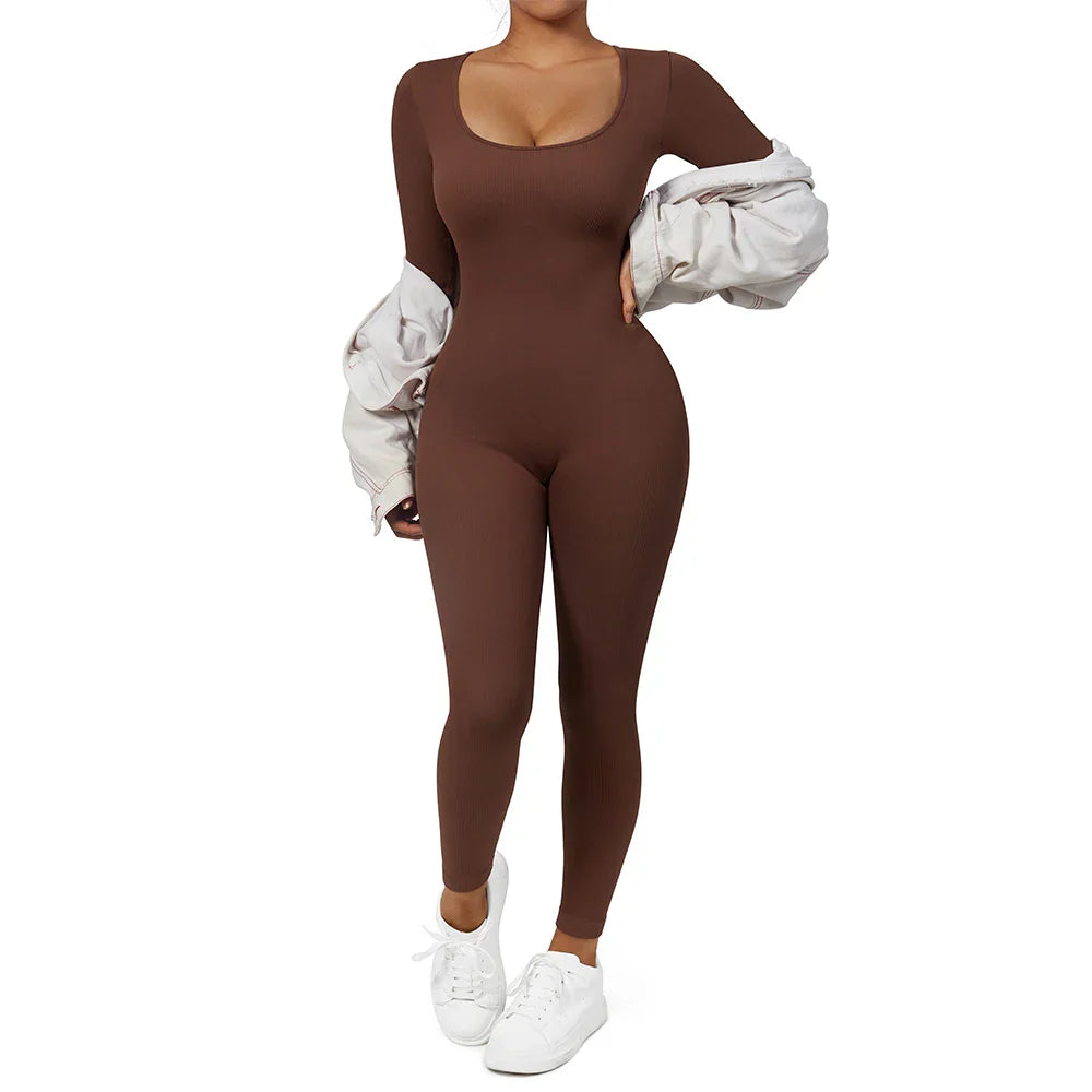 Bodycon Slim Fit Zipper Jumpsuit for Women Casual Brown Fitness Romper Streetwear Playsuit Overall