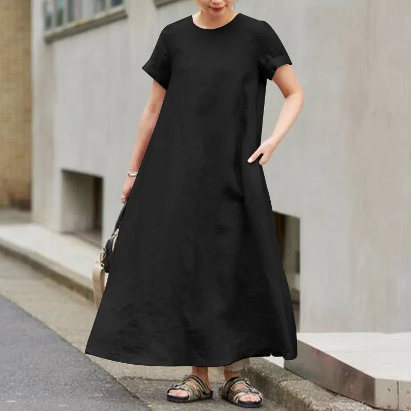 Summer Maxi Dress Women O Neck Short Sleeve Sundress A Line