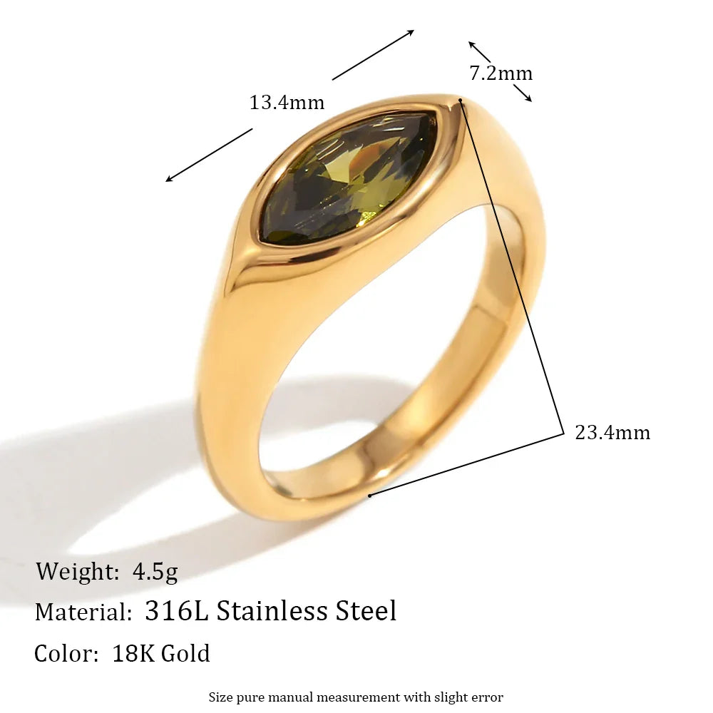 Hypoallergenic 316L Stainless Steel Colorful Horse Eye Zircon Seal Ring with 18K Gold Plating