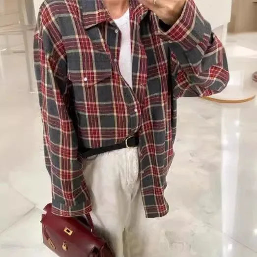Vintage Plaid Oversized Blouse for Women Long Sleeve Lapel Shirt with Pockets Casual Streetwear Spring Summer Fashion Top