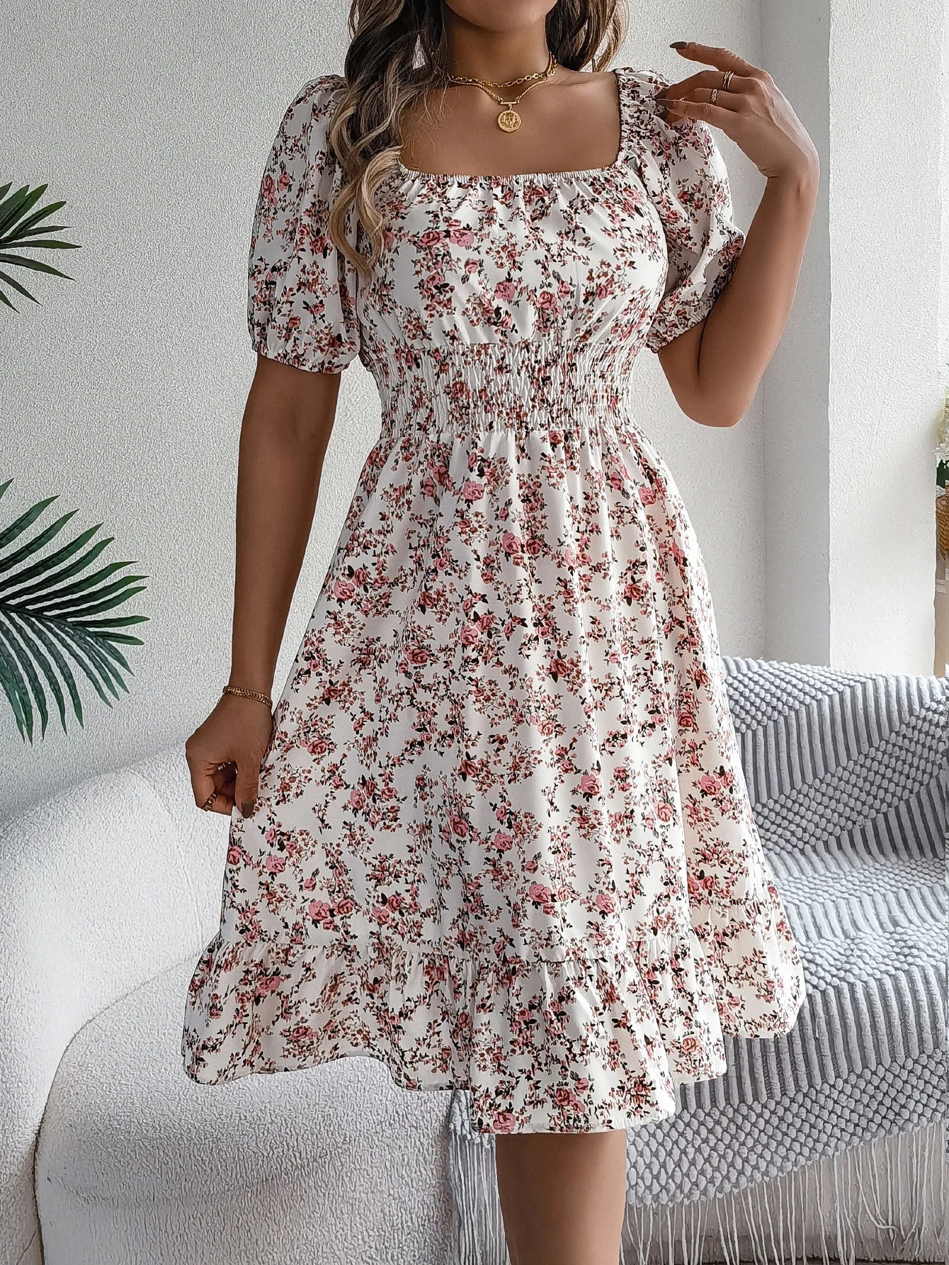 Floral Print Square Neck Dress With Shirred Waist Detail