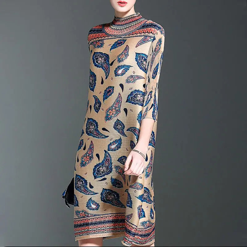 Retro Pleated High Neck Plus Size Dress For Women Casual