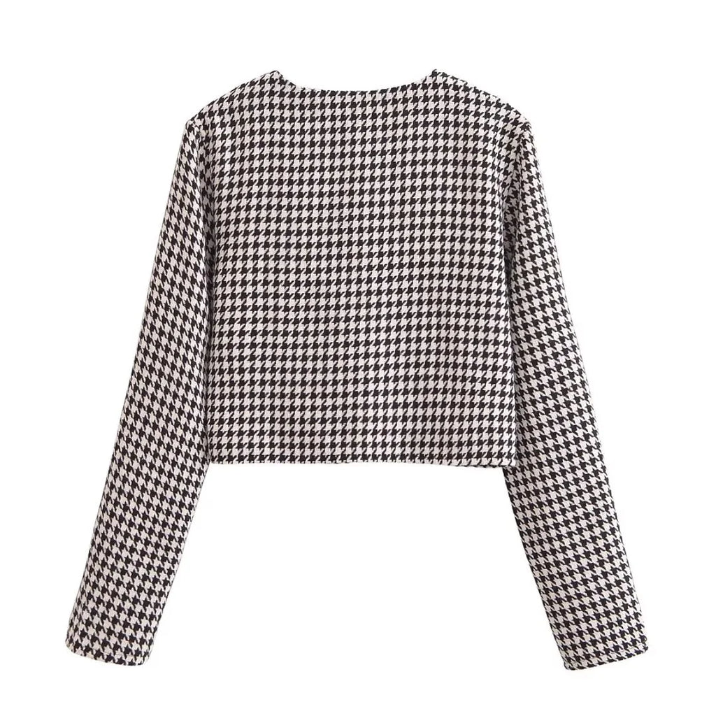 Spring Women's Houndstooth Long-Sleeve Round Neck Commuter Jacket with Casual Temperament Short Skirt Set