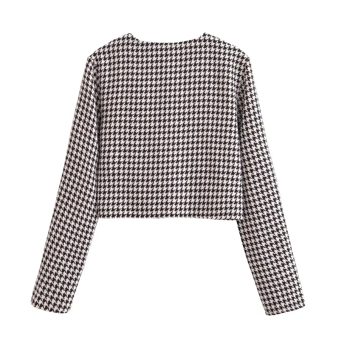 Spring Women's Houndstooth Long-Sleeve Round Neck Commuter Jacket with Casual Temperament Short Skirt Set