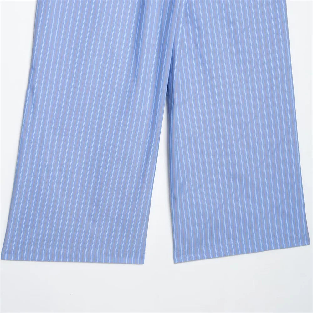 Womens Light Blue Pinstripe Suit Set with Sleeveless Asymmetric Vest and Wide Leg Pants for Stylish Office Attire