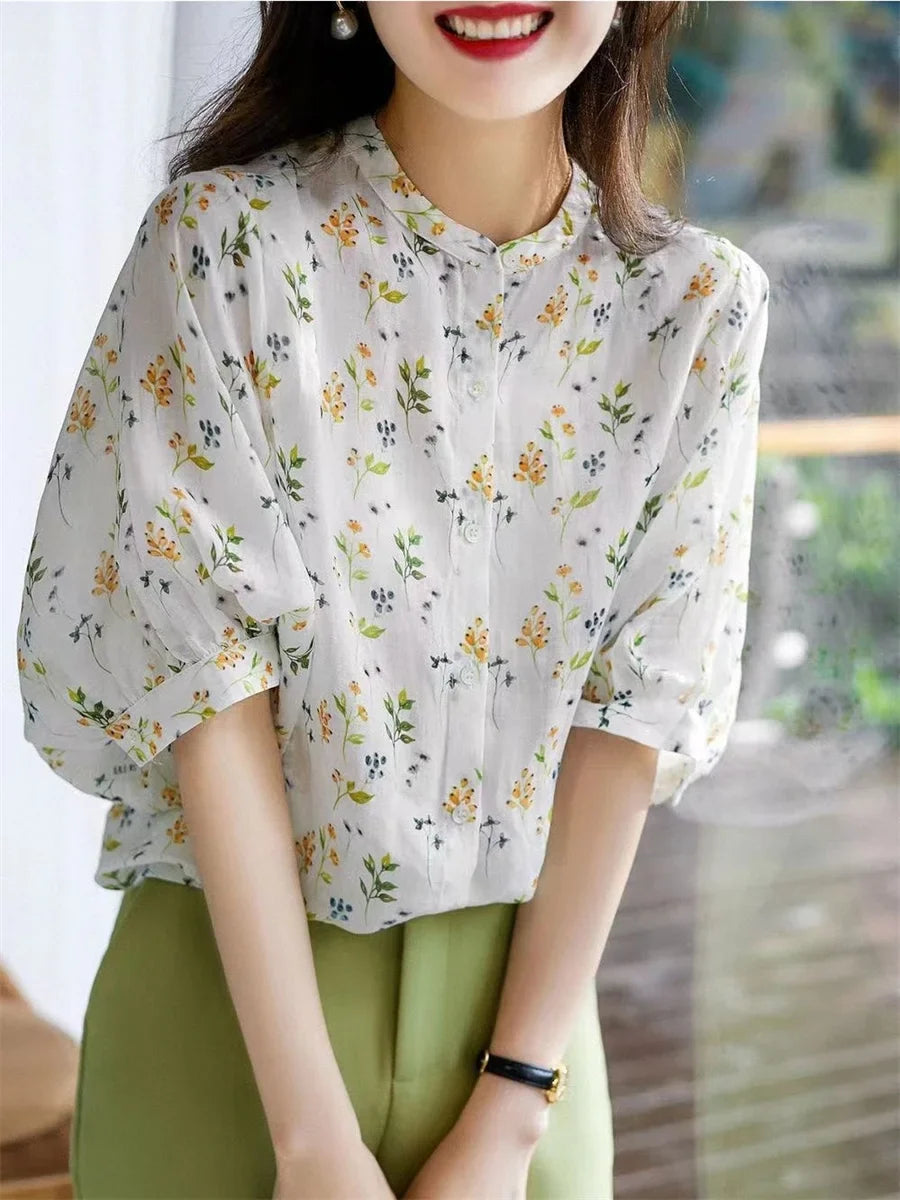 Women Casual Summer Blouse with Short Puff Sleeves and Stand Collar Featuring Elegant Flower Print