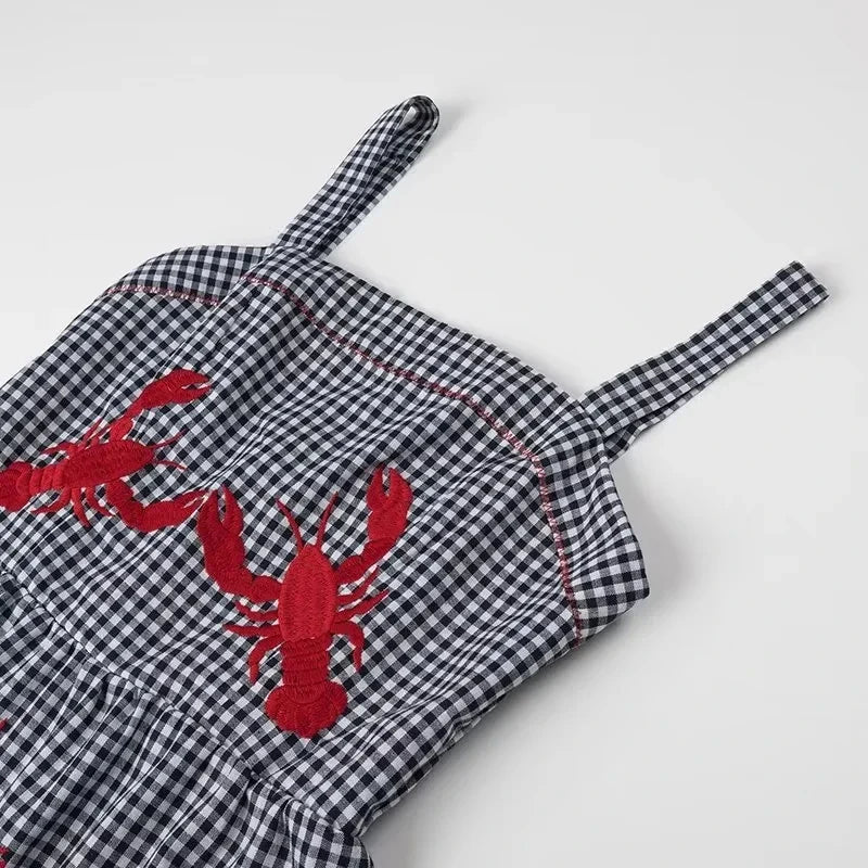 Embroidered Plaid Pleated Midi Dress Backless Beach Style