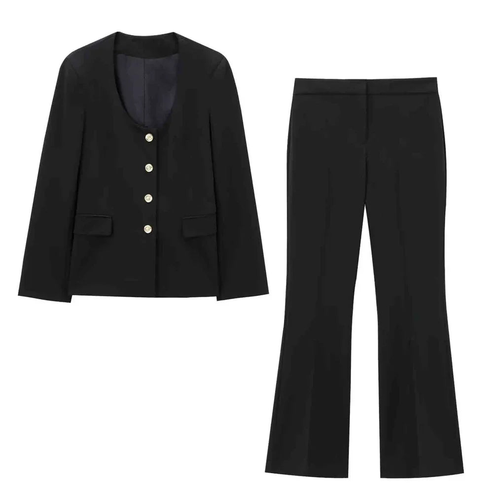 Casual Women's Long Sleeve Round Neck Suit Coat with High Waist Trumpet Pants Set