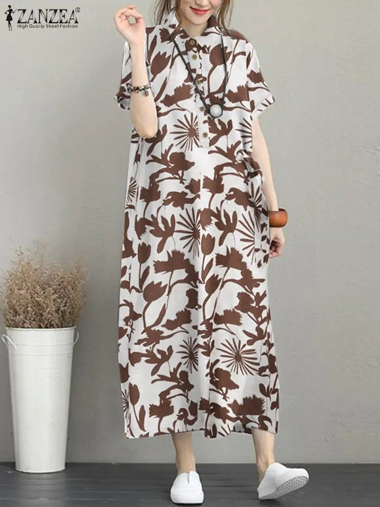 Floral Print Shirt Dress For Women Loose Midi Sundress