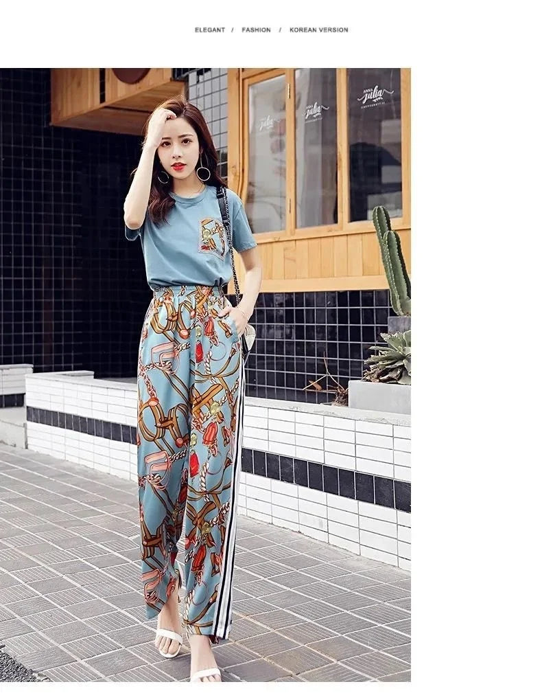 Women's Plus Size Two Piece Suit Set with Short Sleeve Tops and Wide Leg Pants for Casual Summer Fashion