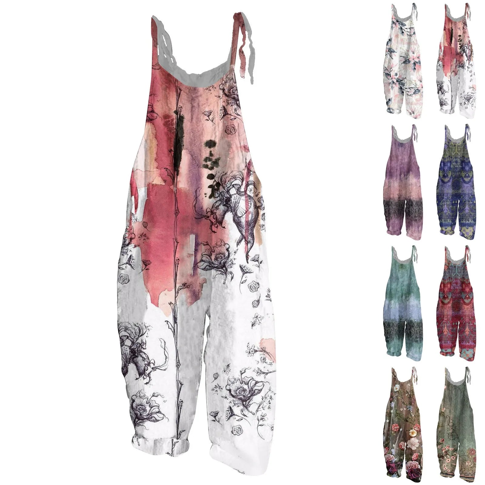 Women's Floral Print Cotton Linen Jumpsuit Loose Vintage Casual Shoulder Strap Romper