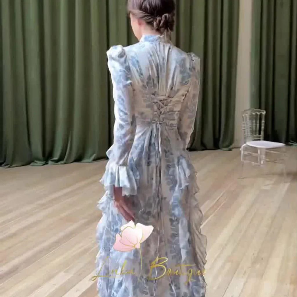 Satin Lace Up Printed Dress Long Sleeve Bodycon Evening Gown