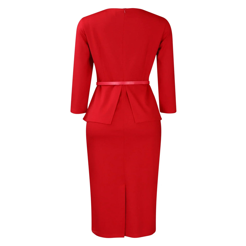 Women's Office Dress Sheath Belted Mid Calf Formal Wear