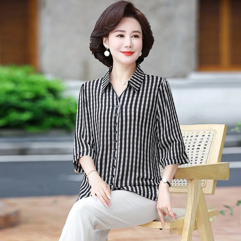 Elegant Plaid Print Loose Fit Button Down Shirt for Women with Turn Down Collar and Casual Half Sleeves Versatile Ladies Blouse Top for Everyday Wear