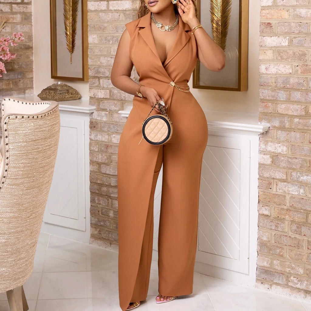 Elegant Sleeveless Jumpsuit with Turn Down Collar High Waisted V Neck Straight Leg Romper for Women Birthday Party Overalls