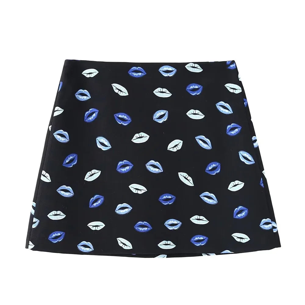 Women's Flip Collar Printed Slim Fit Shirt and High Waist Mini Skirt Set Stylish Versatile Outfit for Spring and Summer