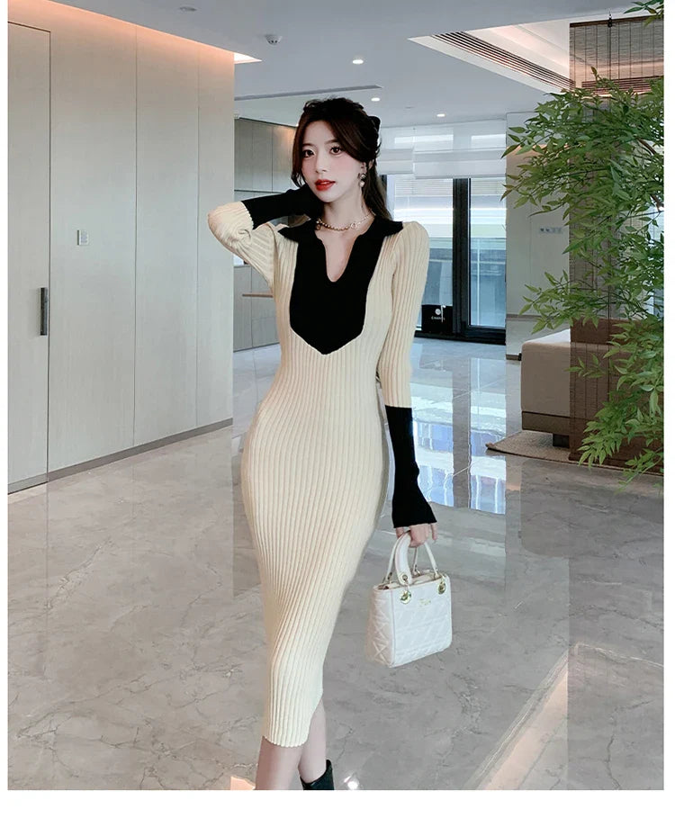 Korean Style Knit Dress Long Sleeve Color Block Lace
