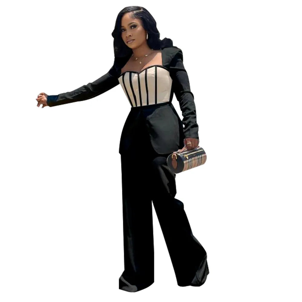Women Long Sleeve Patchwork Romper Jumpsuit with Waist Cincher Wide-Leg Pants Elegant Office and Party Playsuit