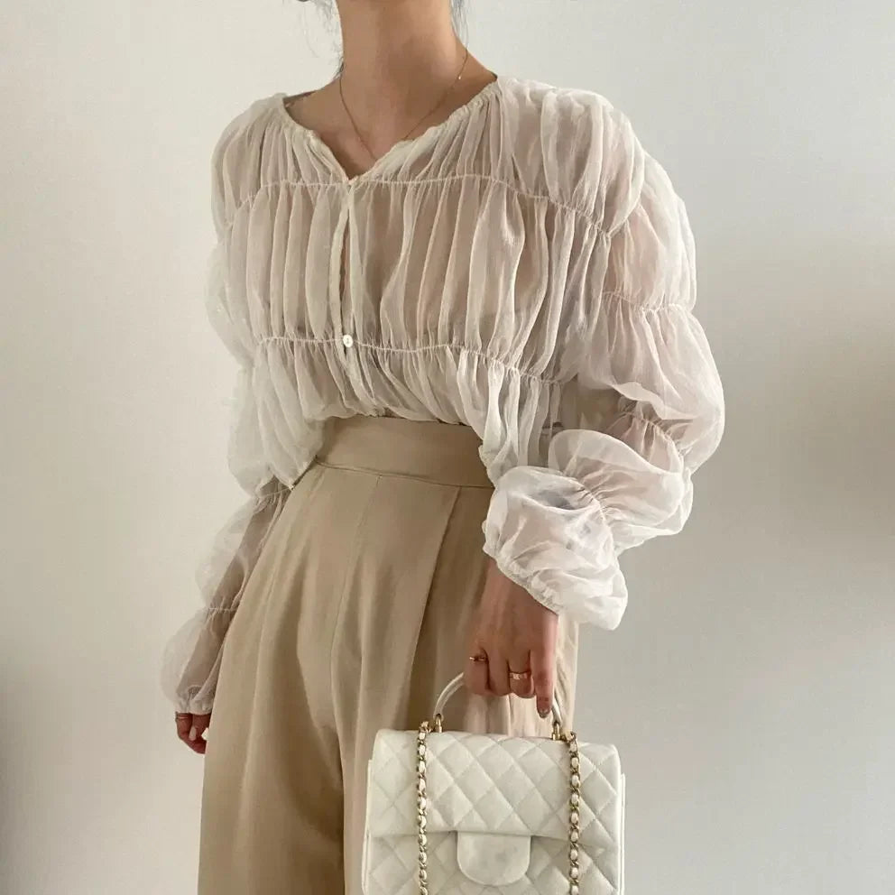 Loose Fit Chiffon Blouse for Women Pleated Sheer Long Sleeve Casual Summer Top with Elegant Folded Design