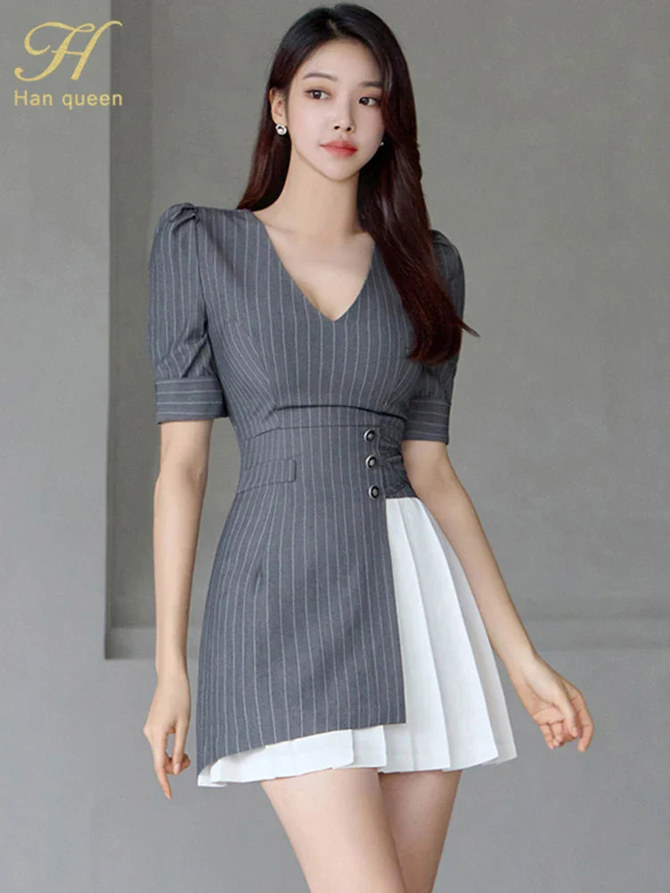 Vintage Elegant Striped Puff Sleeve Dress For Office Party