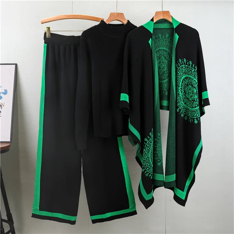 Cozy Knit Shawl Sweater Three Piece Set for Women Loose Wide Leg Pants Casual Jacket Solid Color Autumn Winter Outfit
