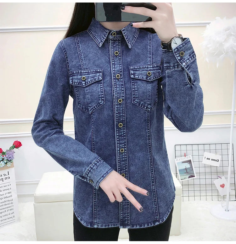 Women's High Quality Denim Shirt Long Sleeve Single Button Blouse with Pockets Casual Korean Style Autumn Winter Top