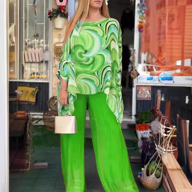 Colorful Chiffon Two Piece Set with Irregular Top and Wide Leg Pants for Women