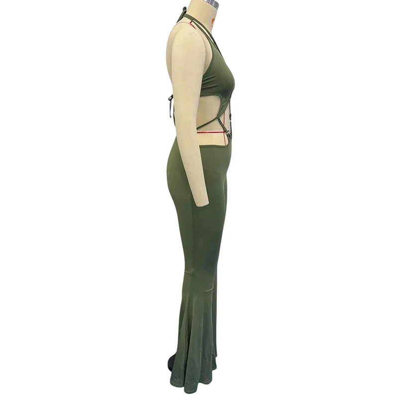 Stylish Women's Sleeveless Halter Neck Jumpsuit with Hollow Out Back and Nipped Waist Skinny Flare Pants Romper