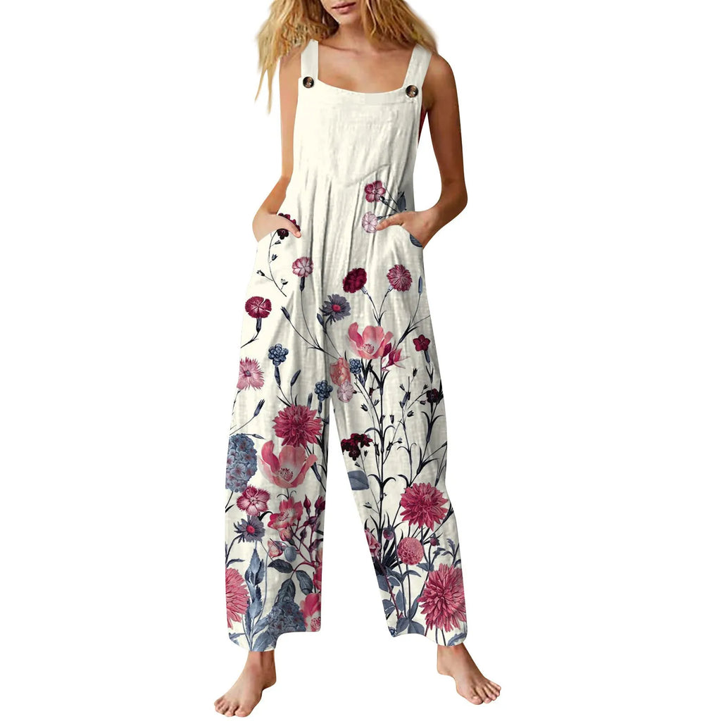 Women Casual Loose Cotton Linen Jumpsuit Adjustable Straps Sleeveless Summer Overalls Cute Comfy Rompers with Functional Pockets