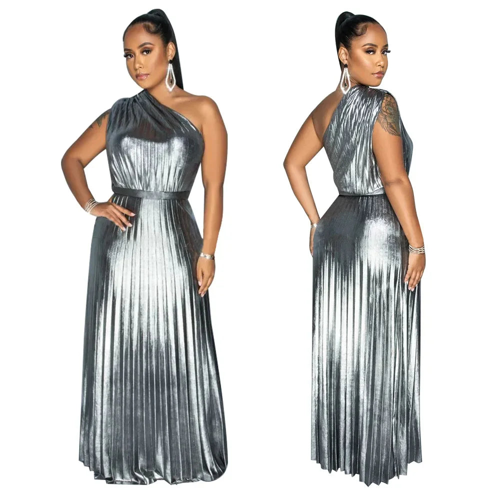 One Shoulder Metallic Pleated Maxi Dress Evening Gown
