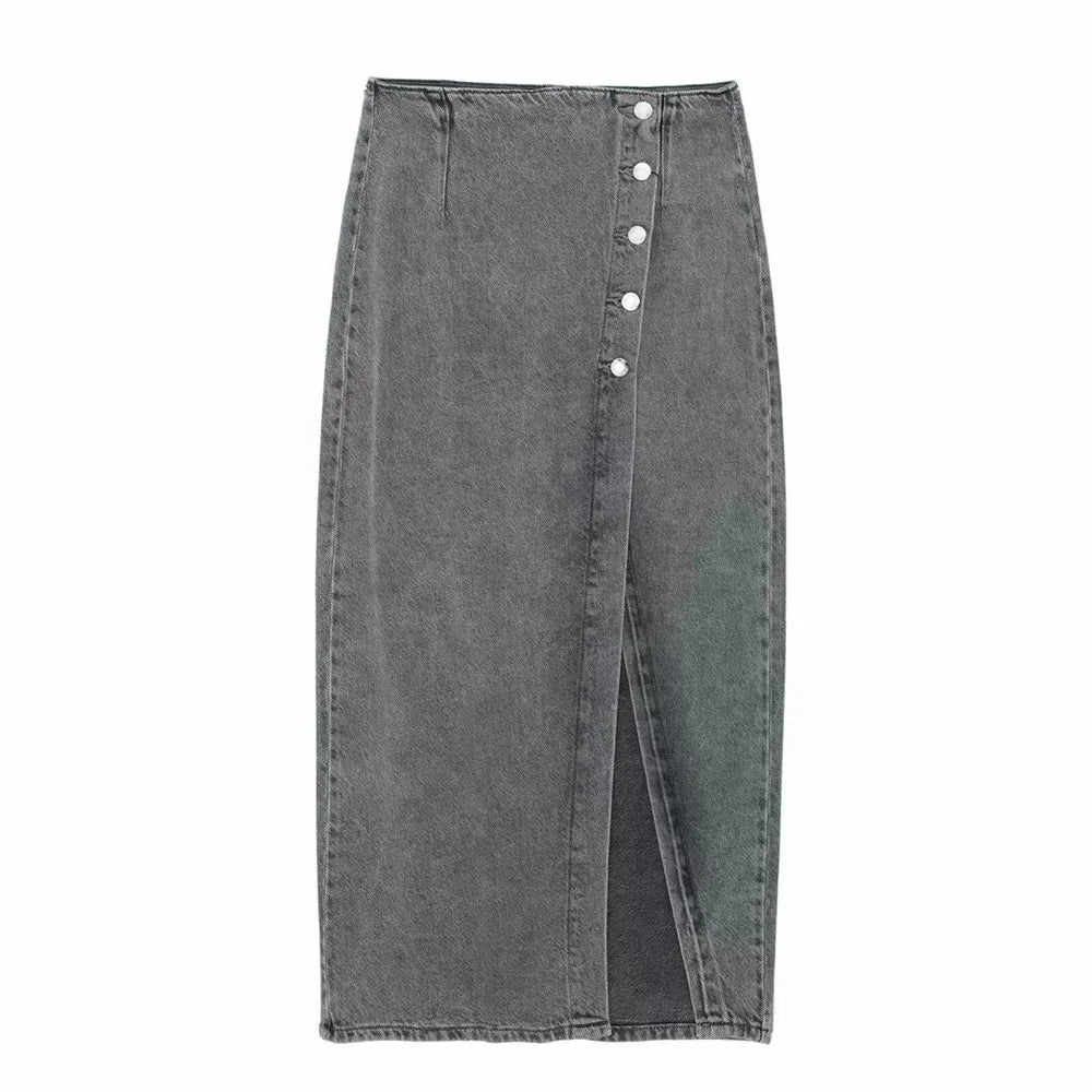 Women's Chic Short Denim Tank Top and Double Breasted Midi Denim Skirt Set Slimming Casual Fashion Ensemble